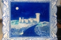 1996 VULCI CASTLE IN BLUE OIL ON CUT WOOD 42 X 45 CM paint by Giselle Pons